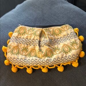Kim White Designer Clutch - Embroidered Pouch with Yellow Accents